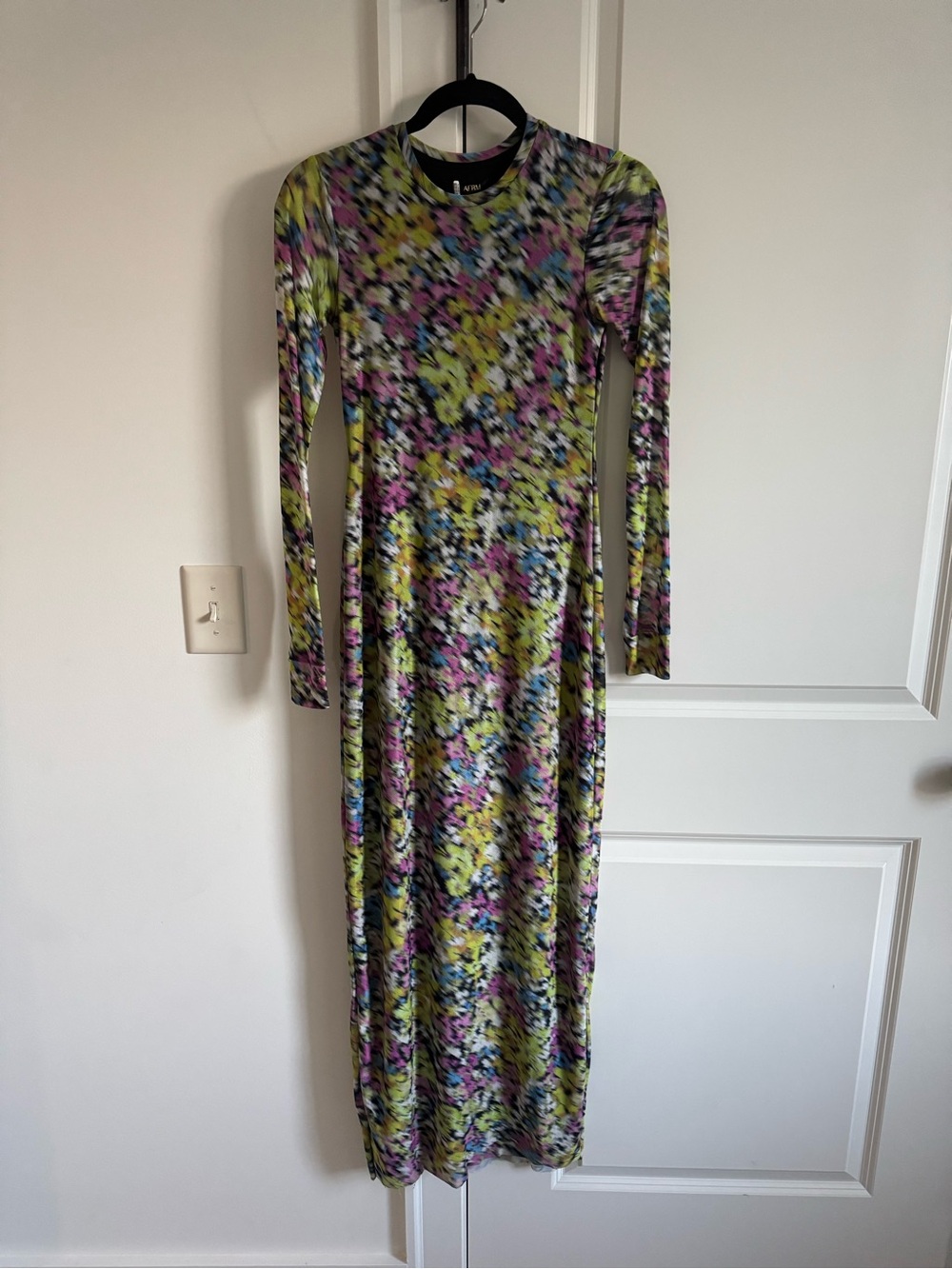 AFRM Long Sleeve Abstract Floral Maxi Dress in Lime, Pink & Blue